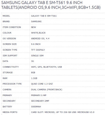 SAMSUNG TAB E 8GB STORAGE 16GB MICRO SD